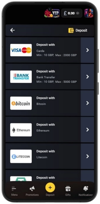 Deposit methods for Jelly Express at a UK casino including Visa debit and PayPal