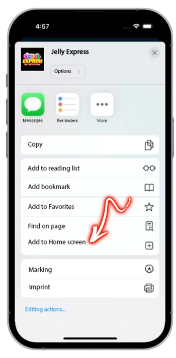 Add to Home Screen option in Safari for Jelly Express casino shortcut