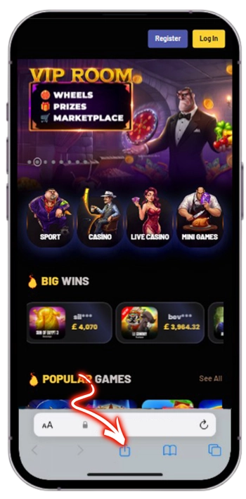 Safari share button for adding Jelly Express casino to home screen